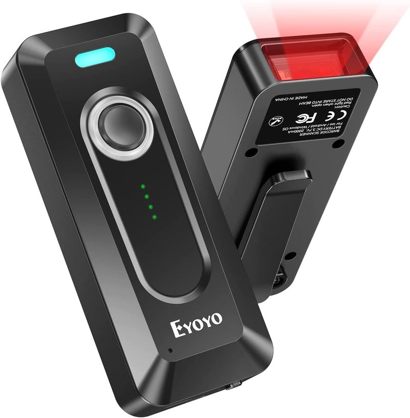 EYOYO ماسح باركود بلوتوث 2D لاسلكي مع مشبك، بطارية 2000 مللي أمبير مع مؤشر مستوى، قارئ باركود QR محمول صغير لجرد كتب المكتبة متوافق مع آيفون، آيباد، هاتف أندرويد - Image 1